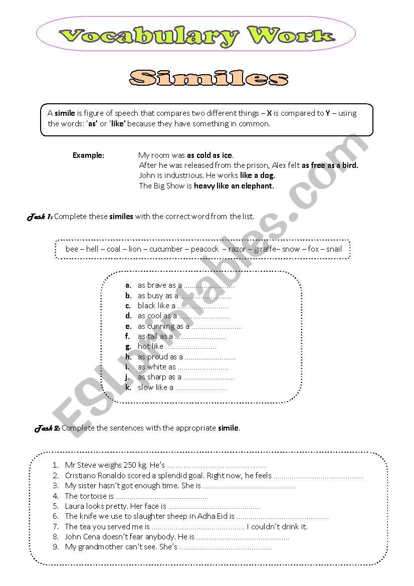 Similes worksheet