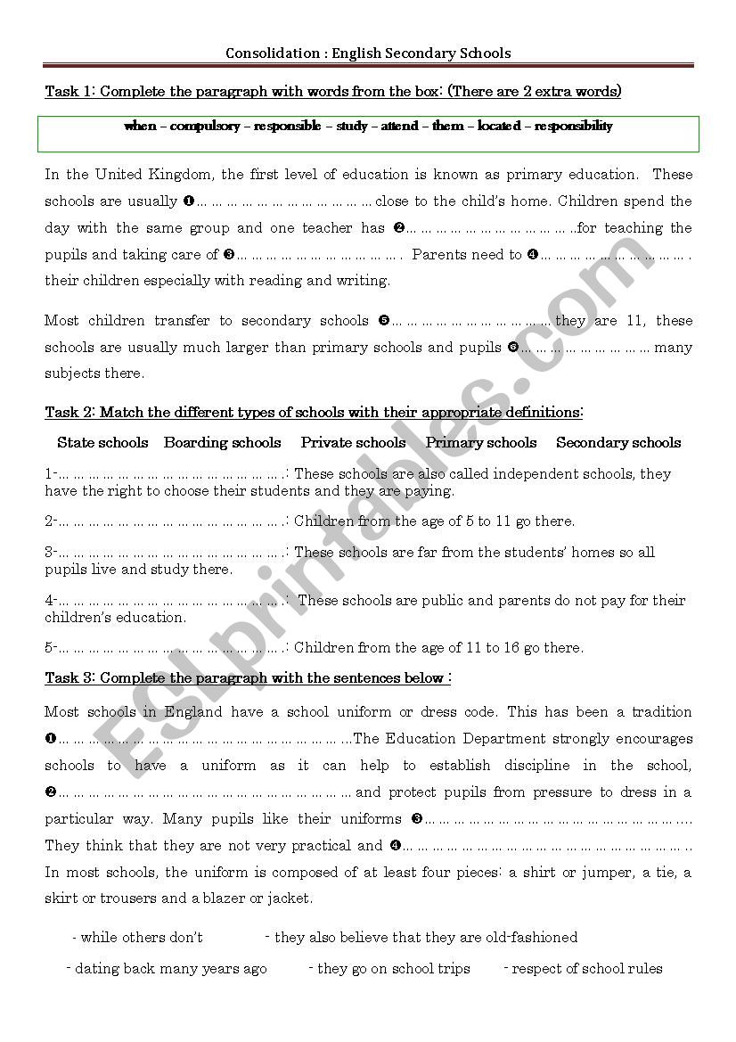 Secondary schools in England worksheet