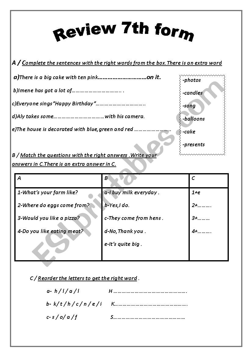 revision for 7th form tunisian pupils (module 3)