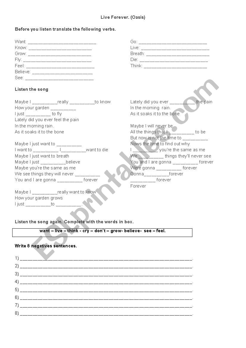 Oasis - Live Forever Worksheet