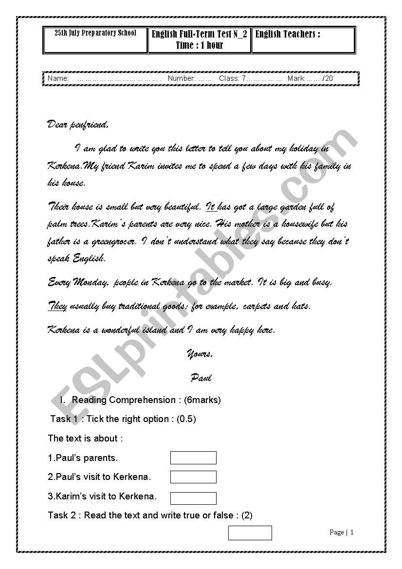 English Full-Term Test N_2 worksheet