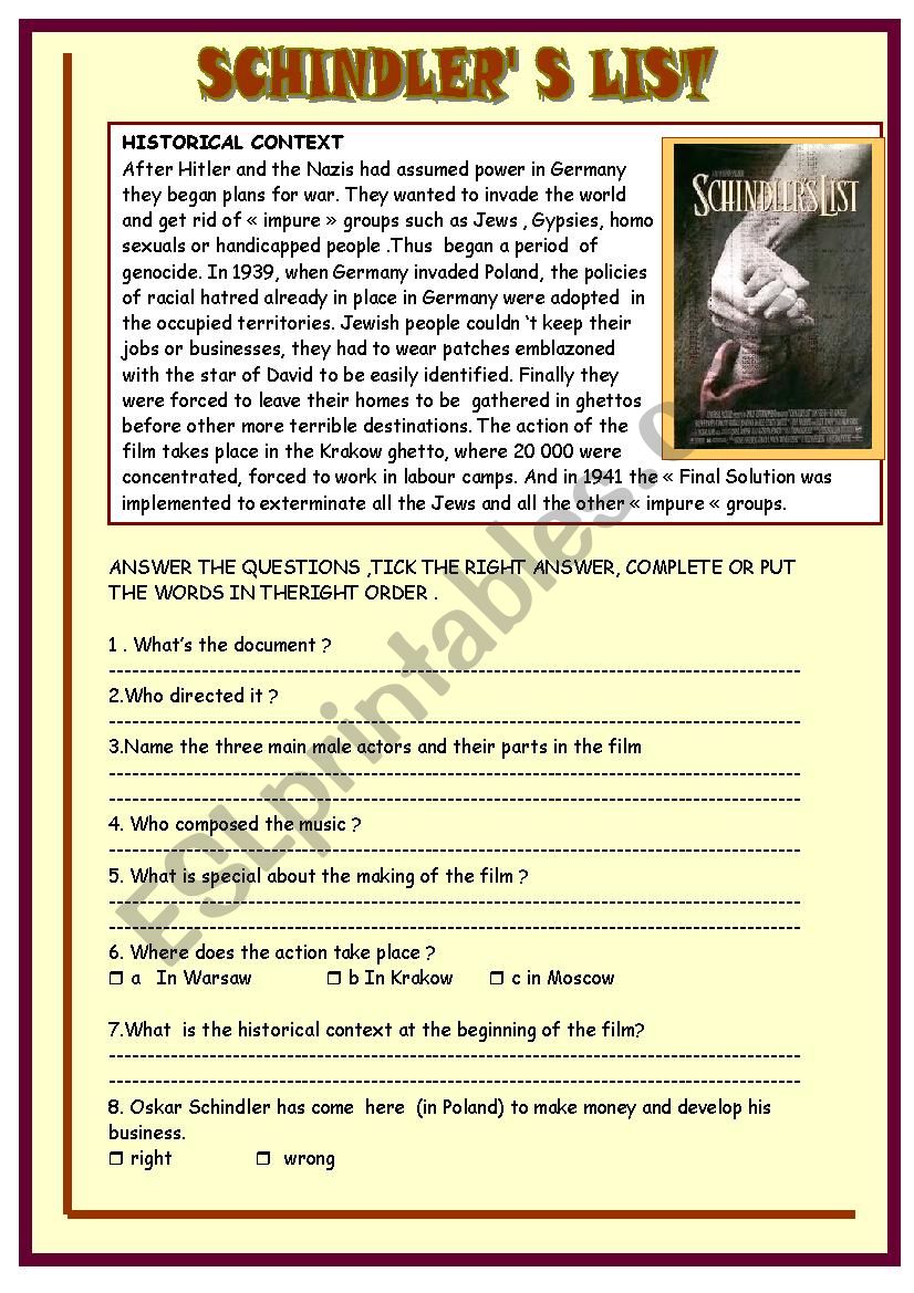 Schindler´s list part 1 ESL worksheet by spieddaignel