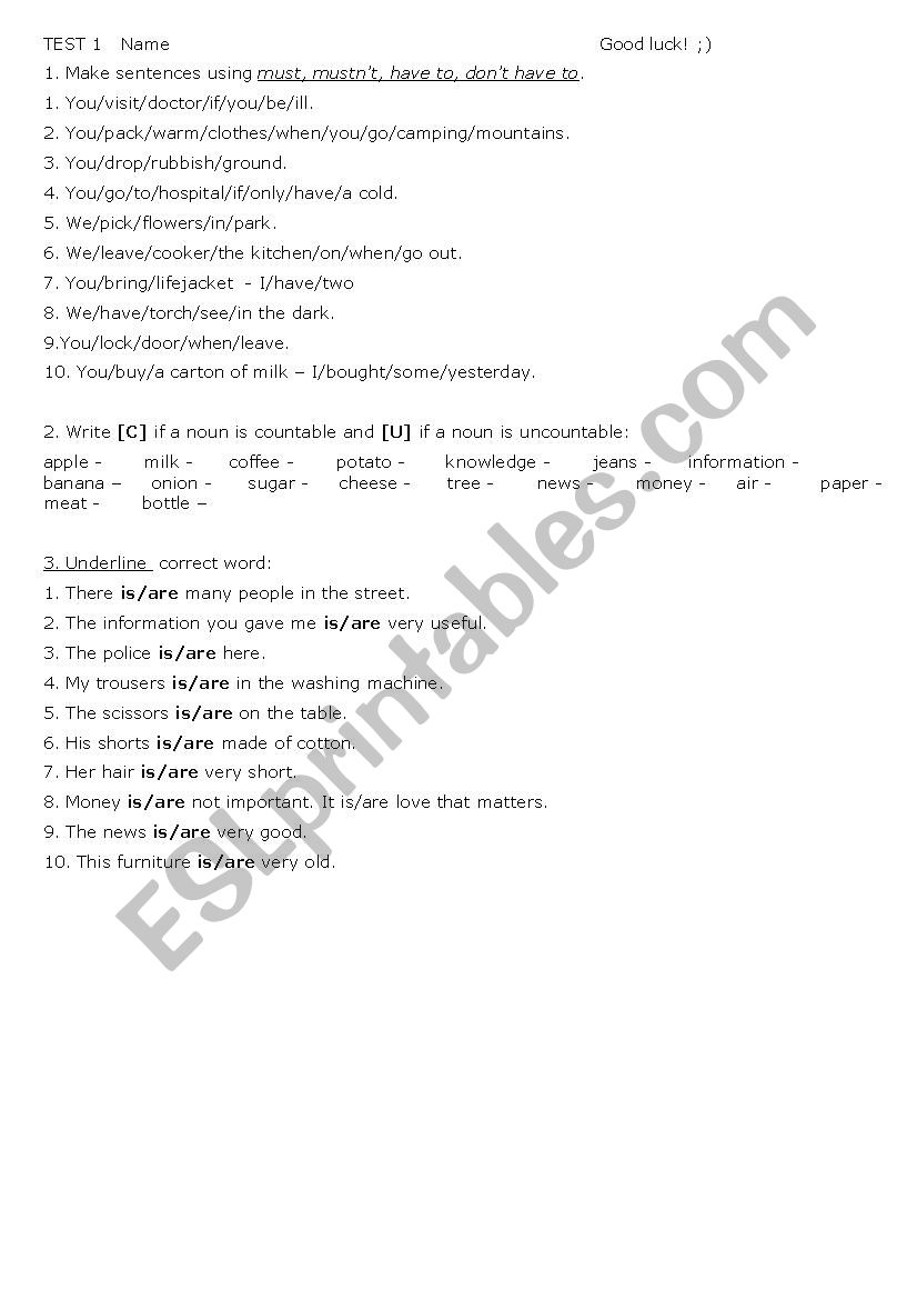 modal verbs of obligation / countable/uncountable nouns test