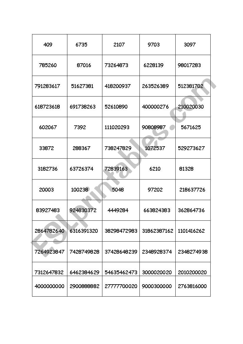 large numbers cards worksheet