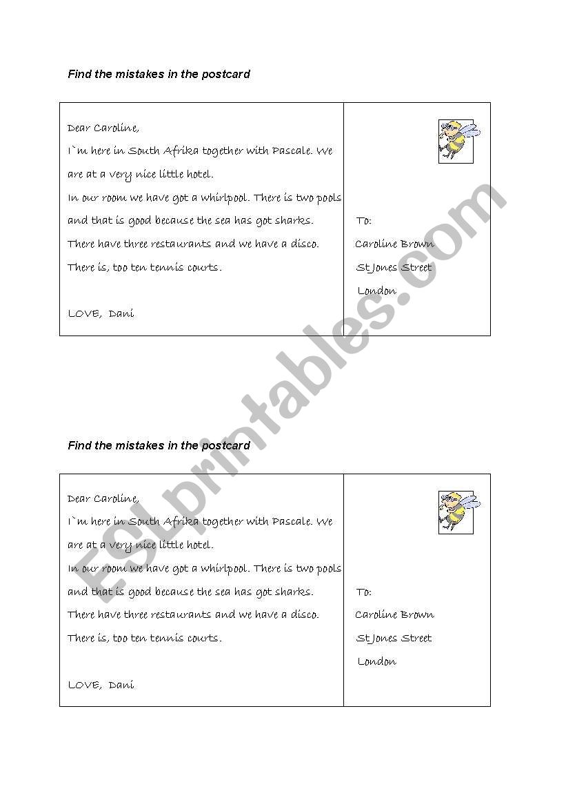 postcards with mistakes worksheet
