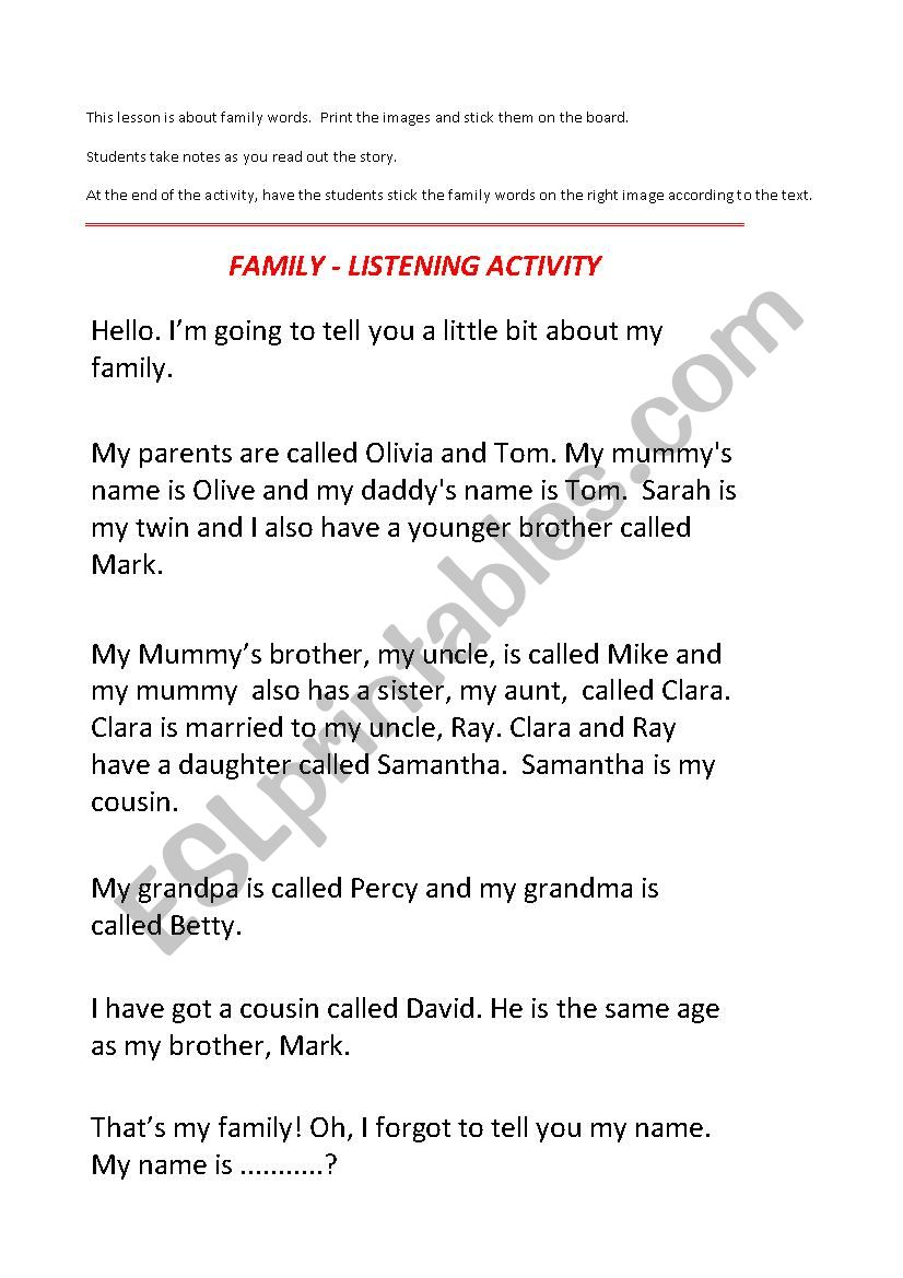 Family Listening Activity worksheet