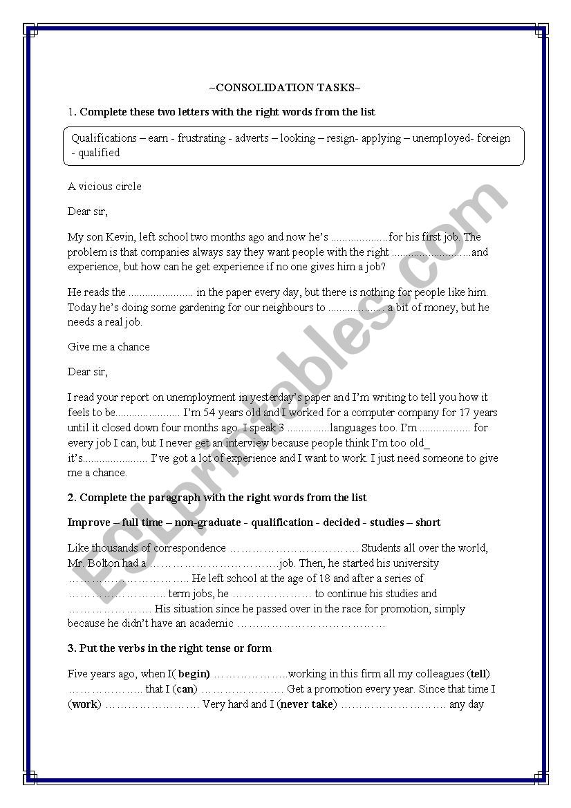  CONSOLIDATION TASKS worksheet