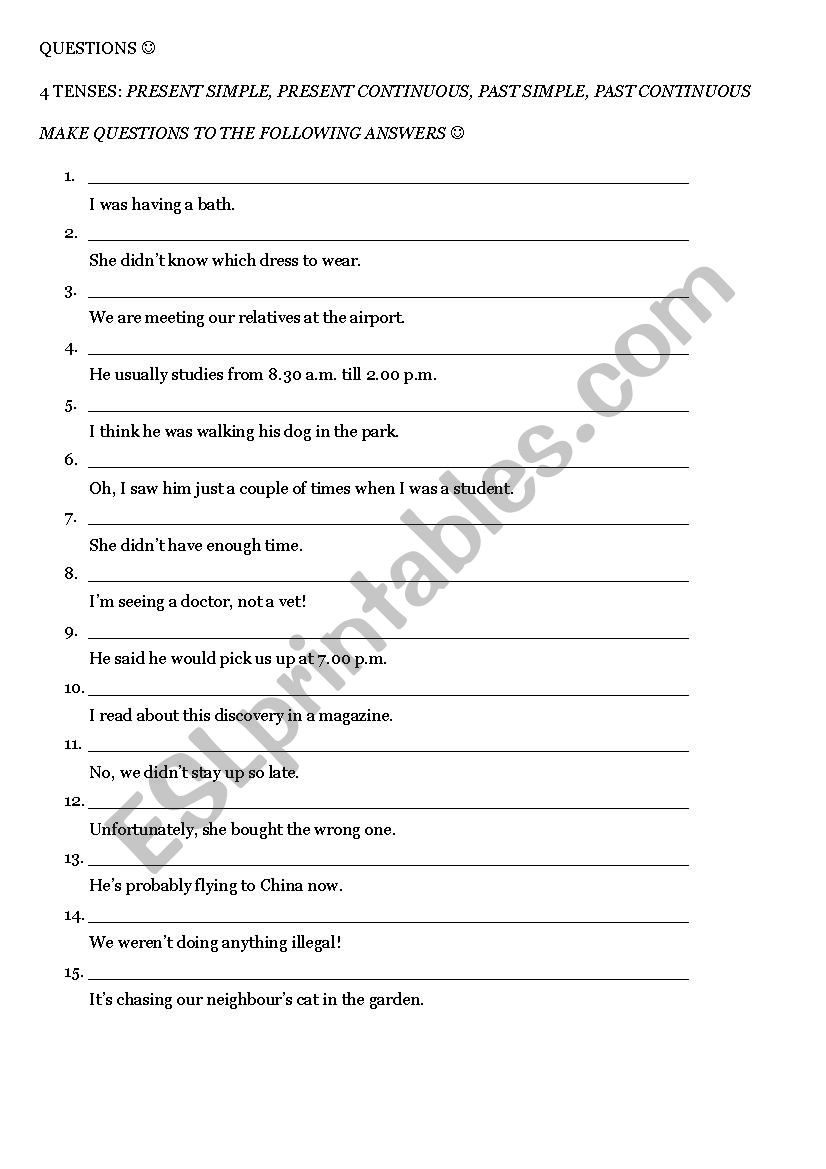 Questions 4 Tenses worksheet