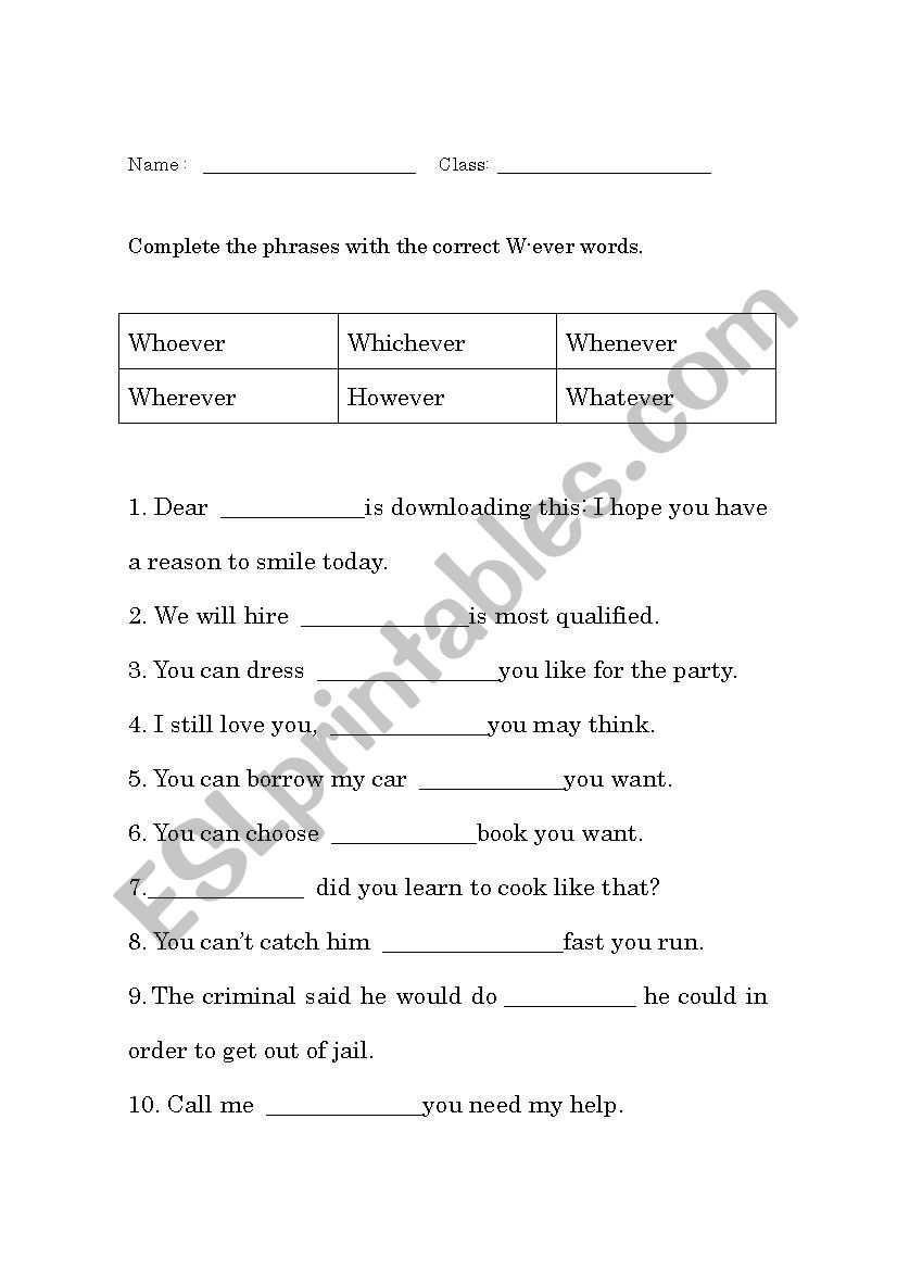 W-ever words  worksheet