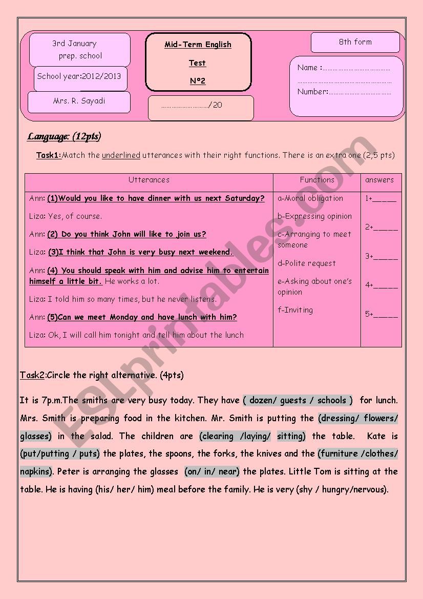 8th form mid test worksheet