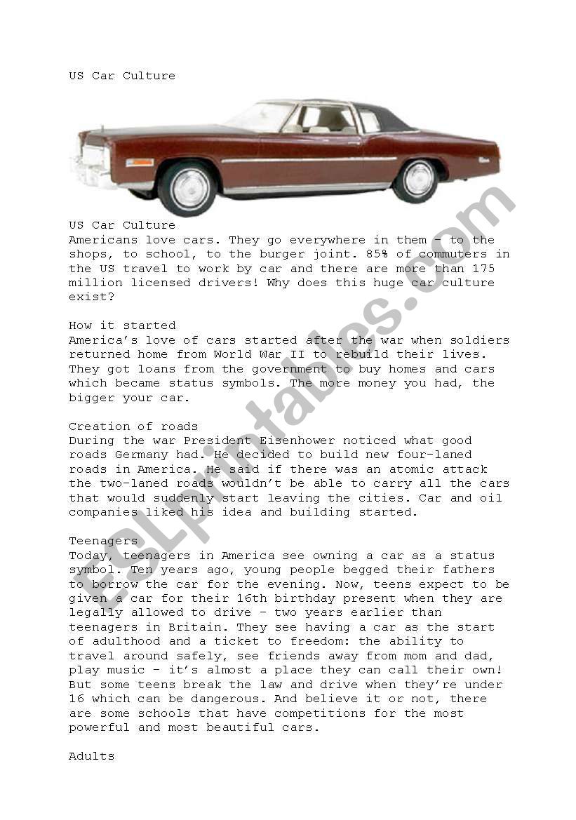 US Car Culture worksheet