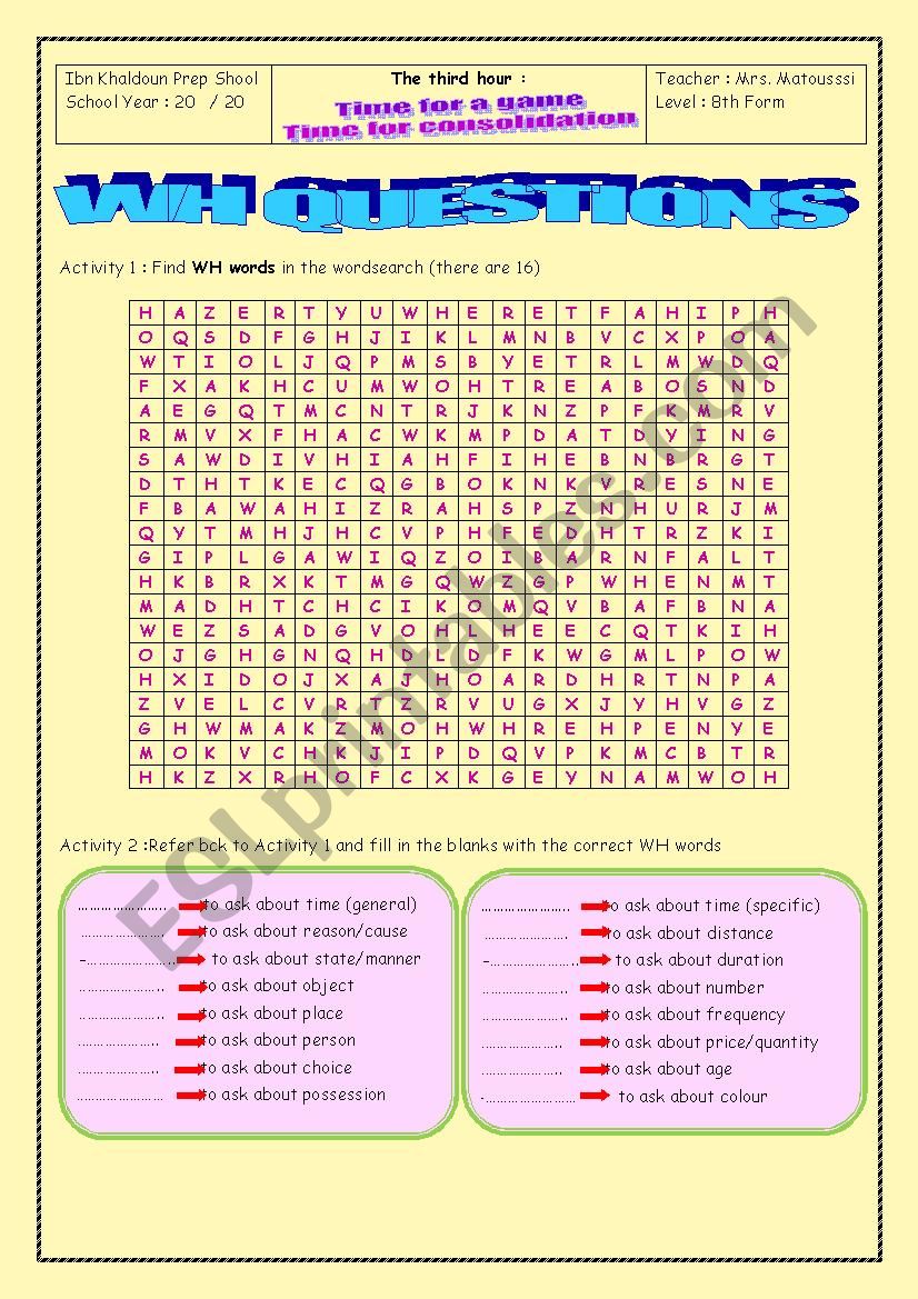 WH WORDS WORDSEARCH worksheet