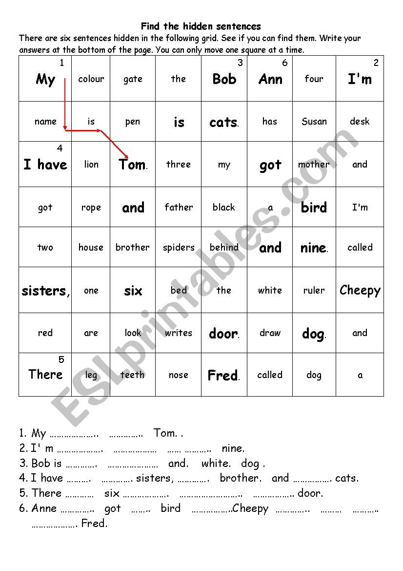 Find the hidden sentences worksheet