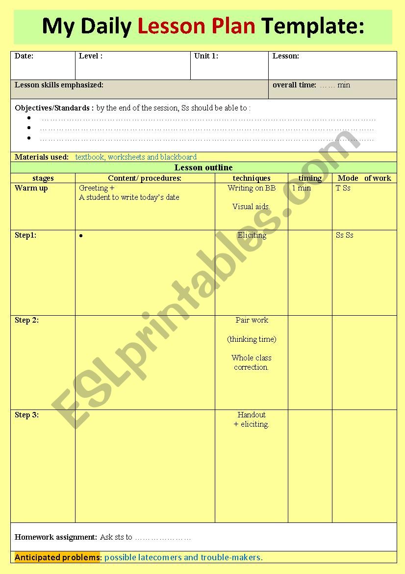 A nice daily lesson plan template for novice teachers