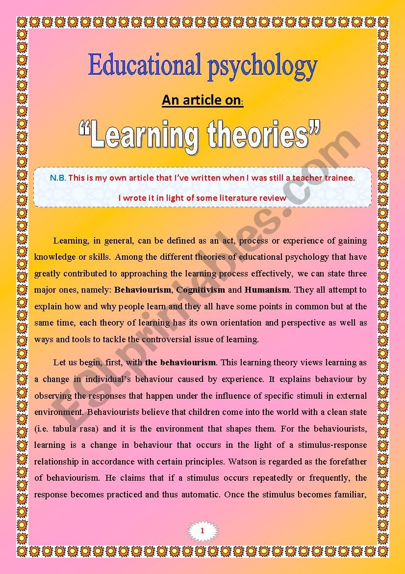 An interesting article on Learning theories (5 pages for novice teachers)