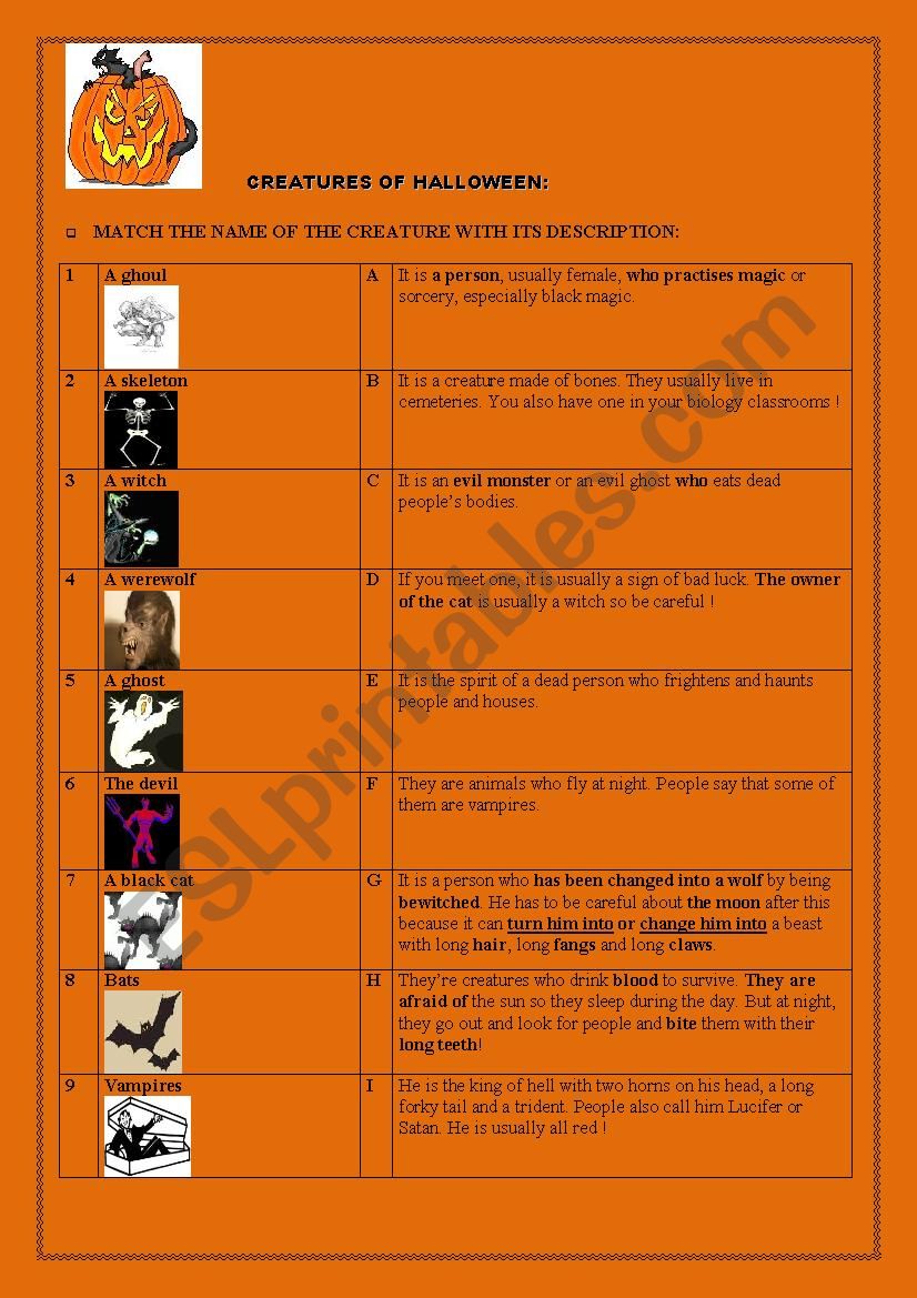 Creatures of the Night, Halloween (jumble chart and questions), 2 pages, one KEY