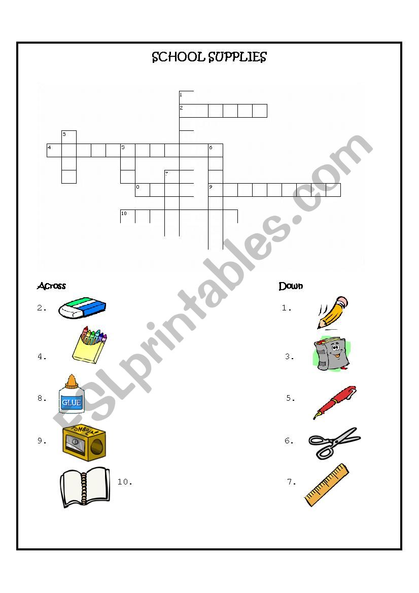 School Supplies Crossword worksheet