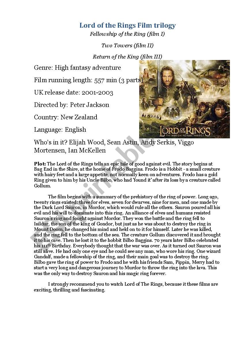 The Lord of the Rings worksheet