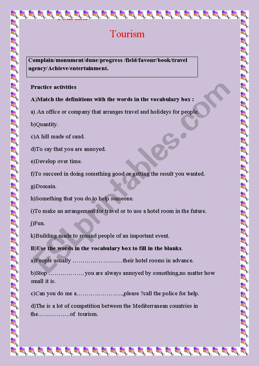 tourism worksheet