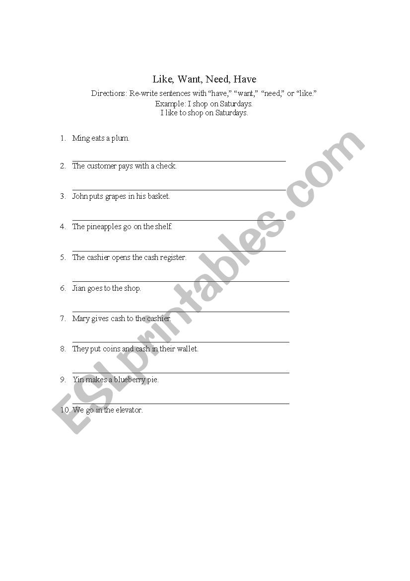 Like, Want, Need, Have worksheet
