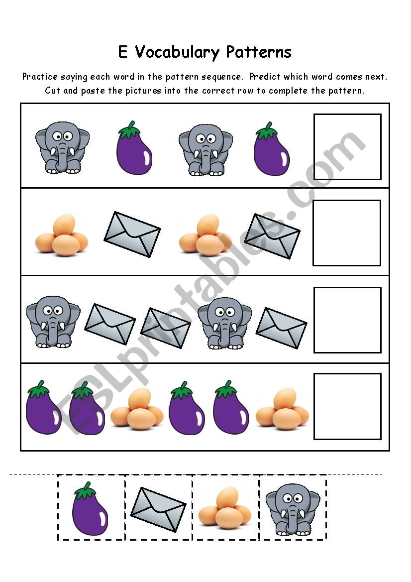 Letter E Vocabulary Patterns worksheet