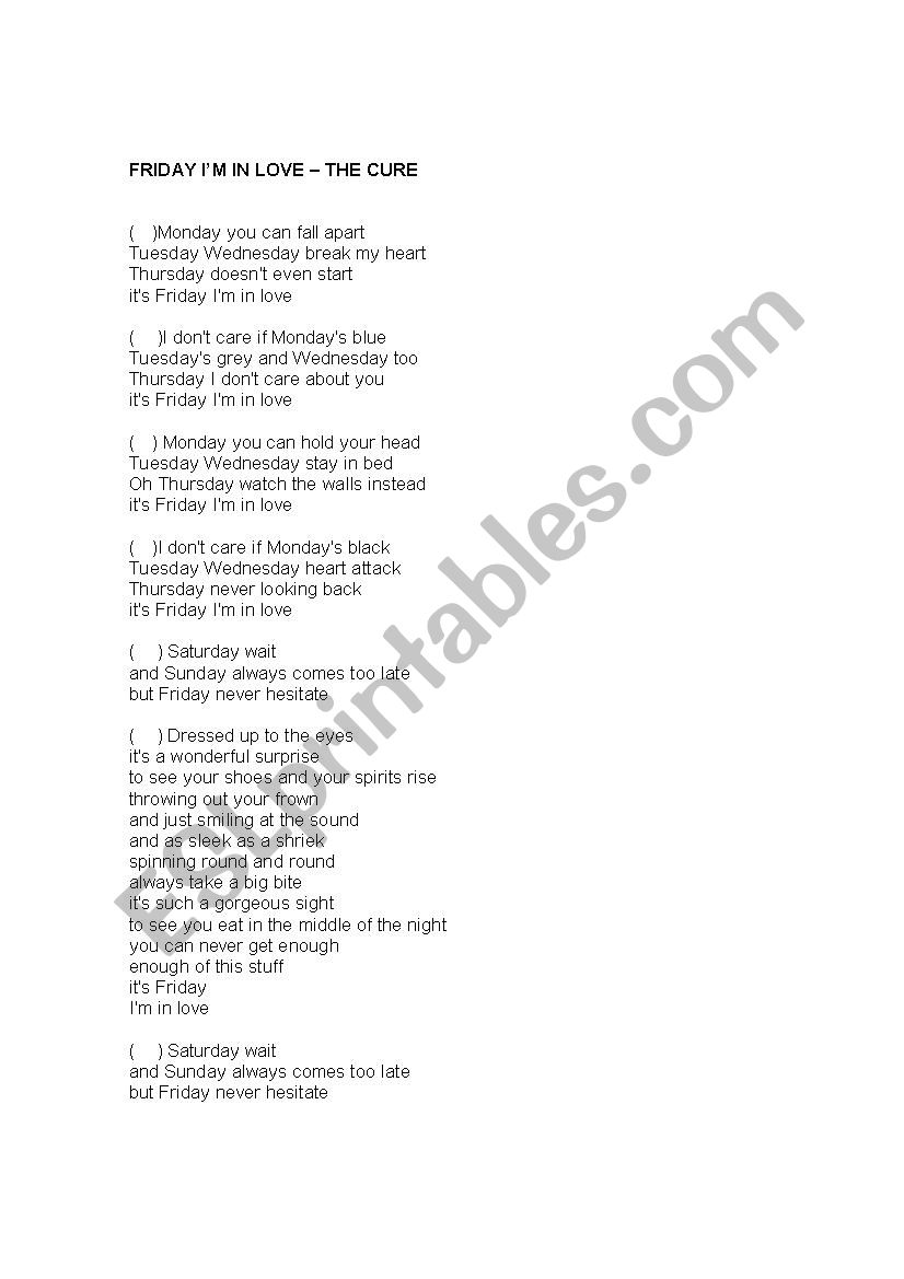 Friday Im in Love worksheet