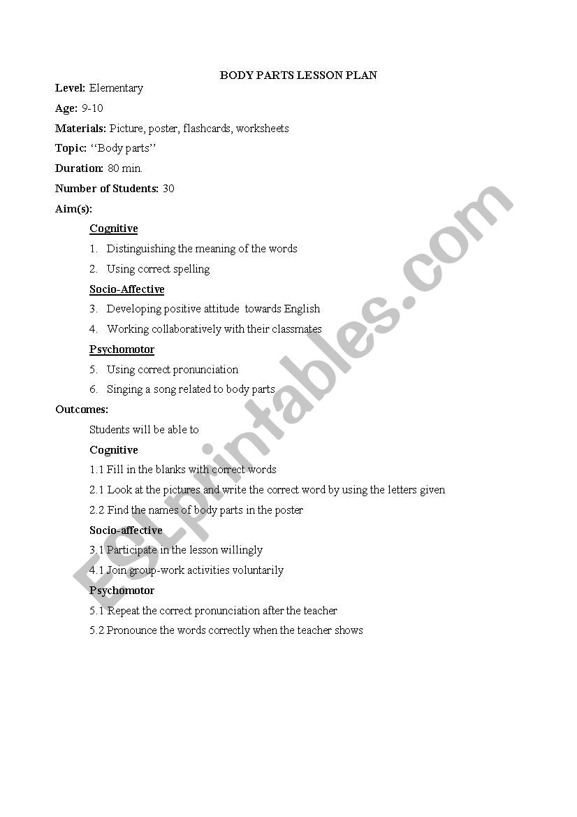 BODY PARTS LESSON PLAN  worksheet