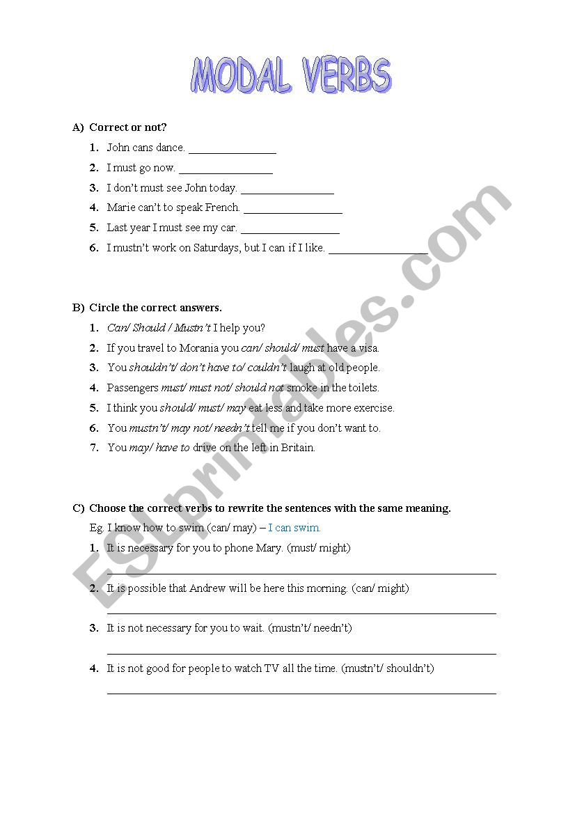 Modals worksheet