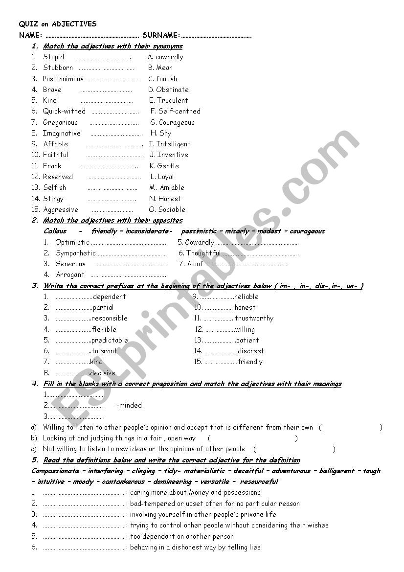 personality adjectives worksheet