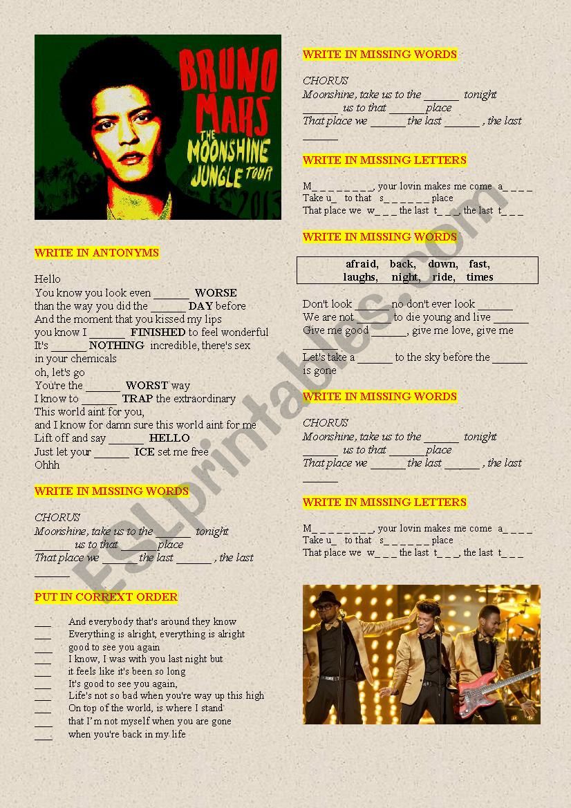 BRUNO MARS Â´MOONSHINEÂ´ worksheet