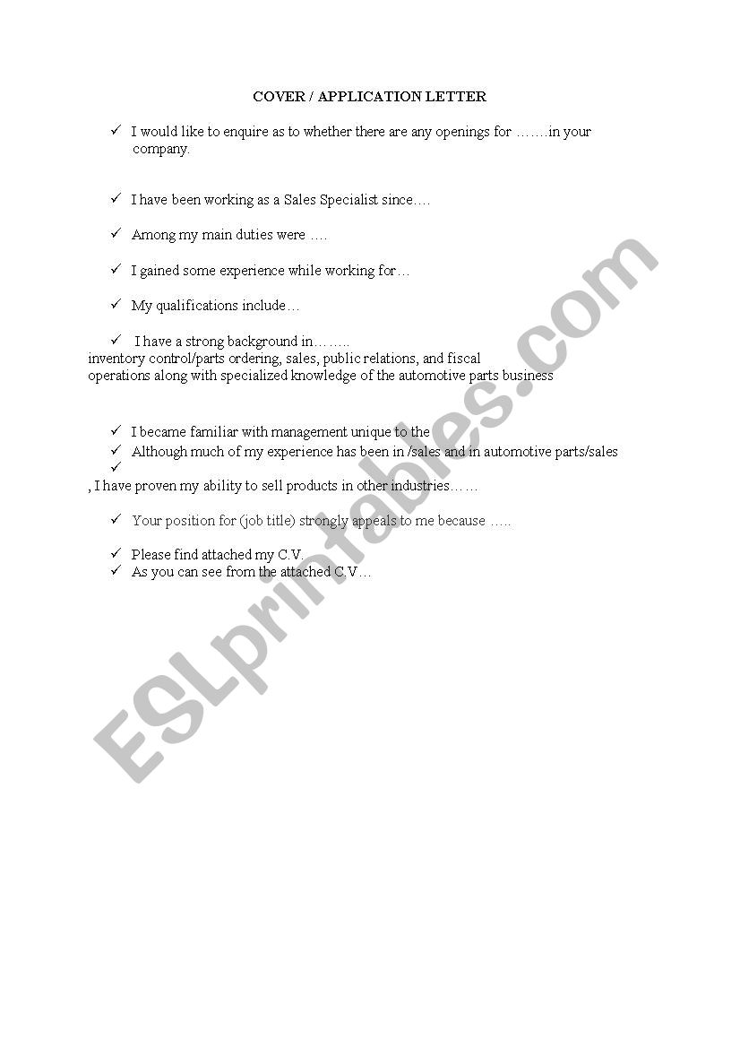 cover letter worksheet esl