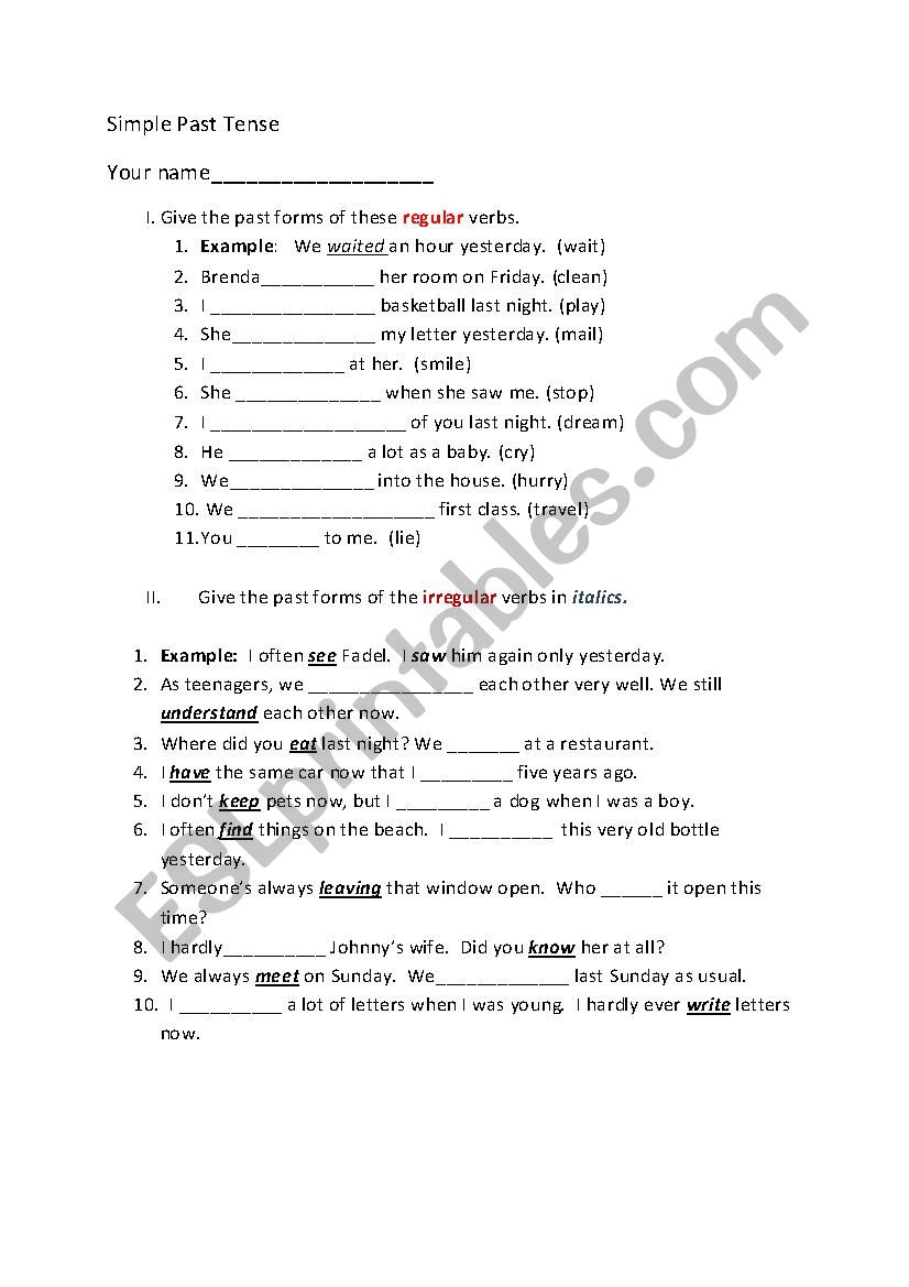 Simple Past Worksheet Regular adn Irregular Verbs