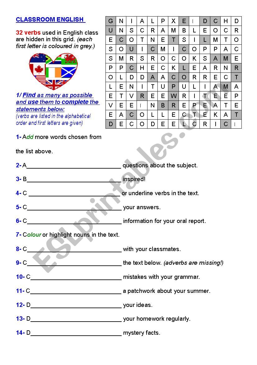 Verbs in English class worksheet