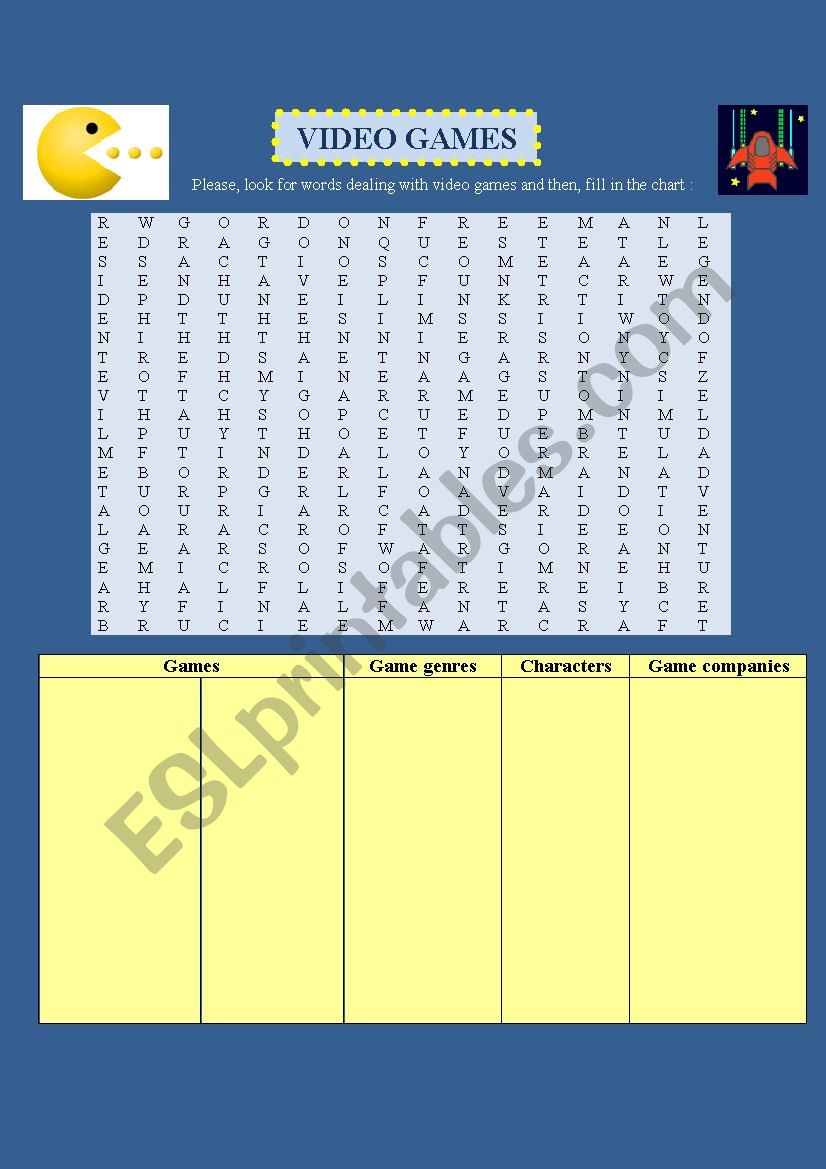 video games - wordsearch worksheet