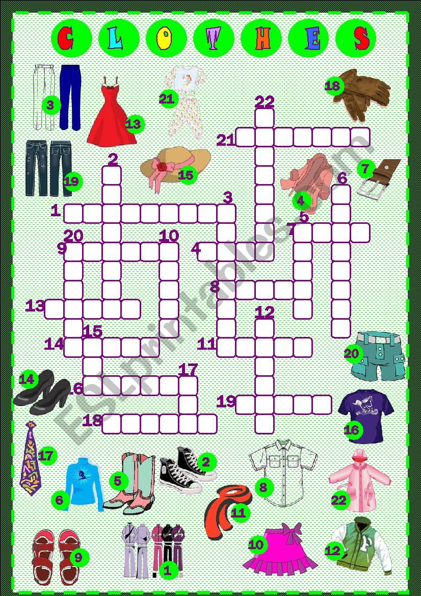 Clothes crossword worksheet