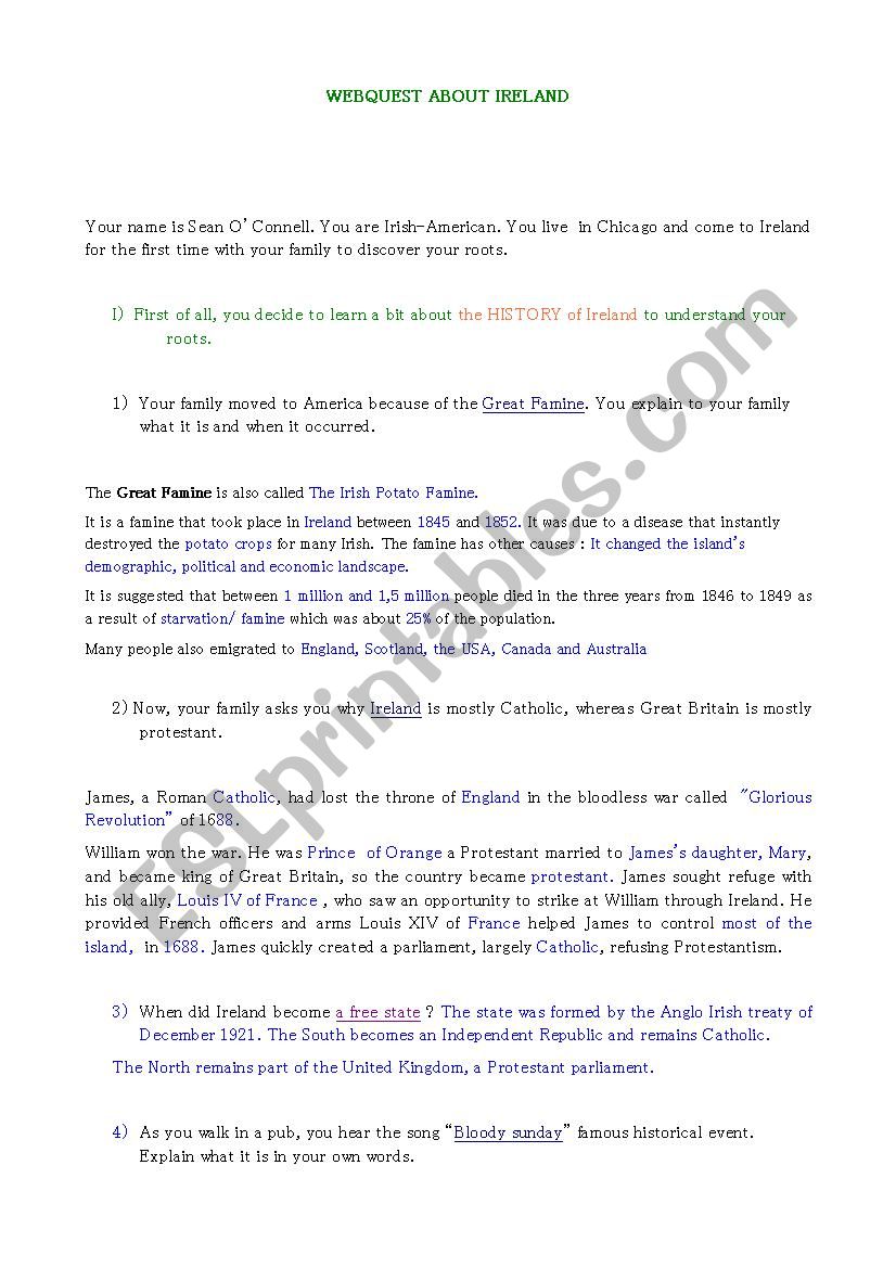 Ireland webquest worksheet