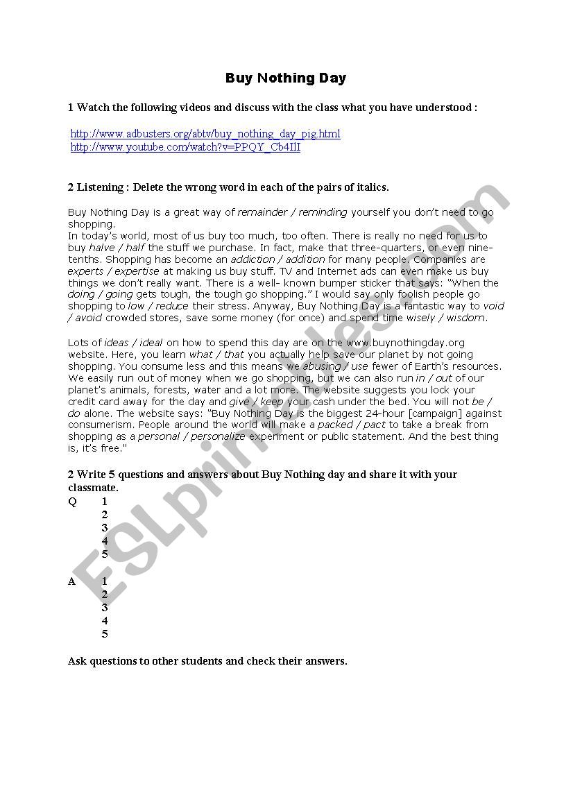 buy nothing day worksheet