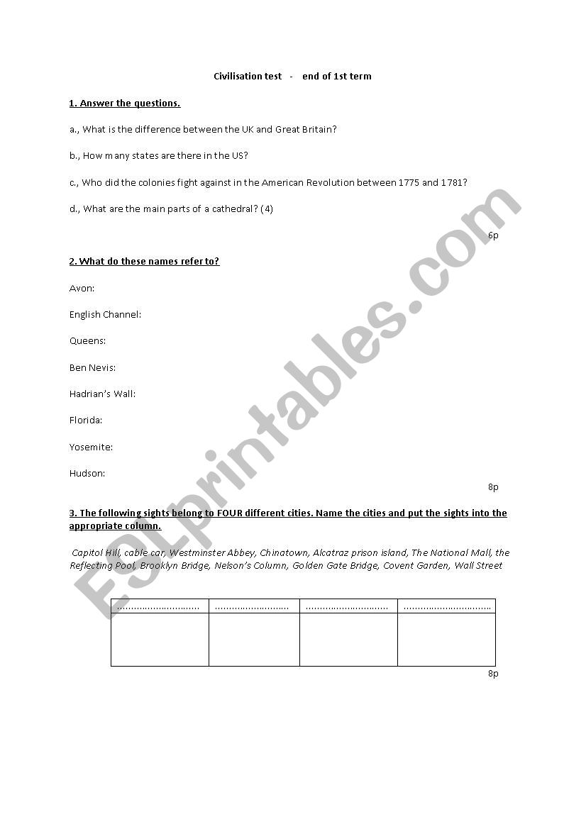British and American civilisation test