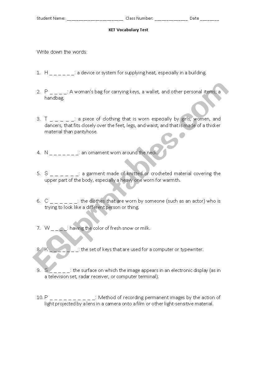 KET definitions worksheet