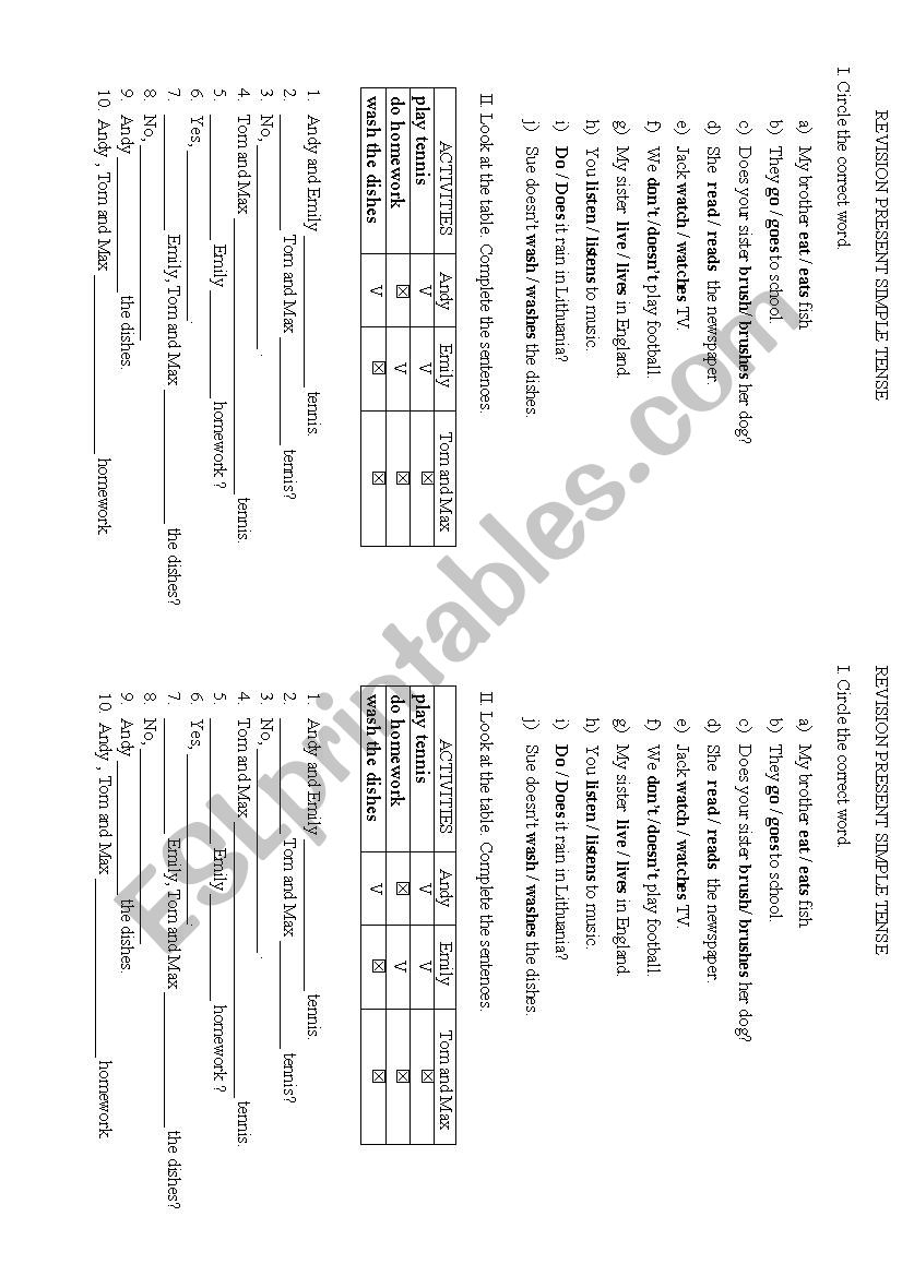 REVISION OF PRESENT SIMPLE worksheet