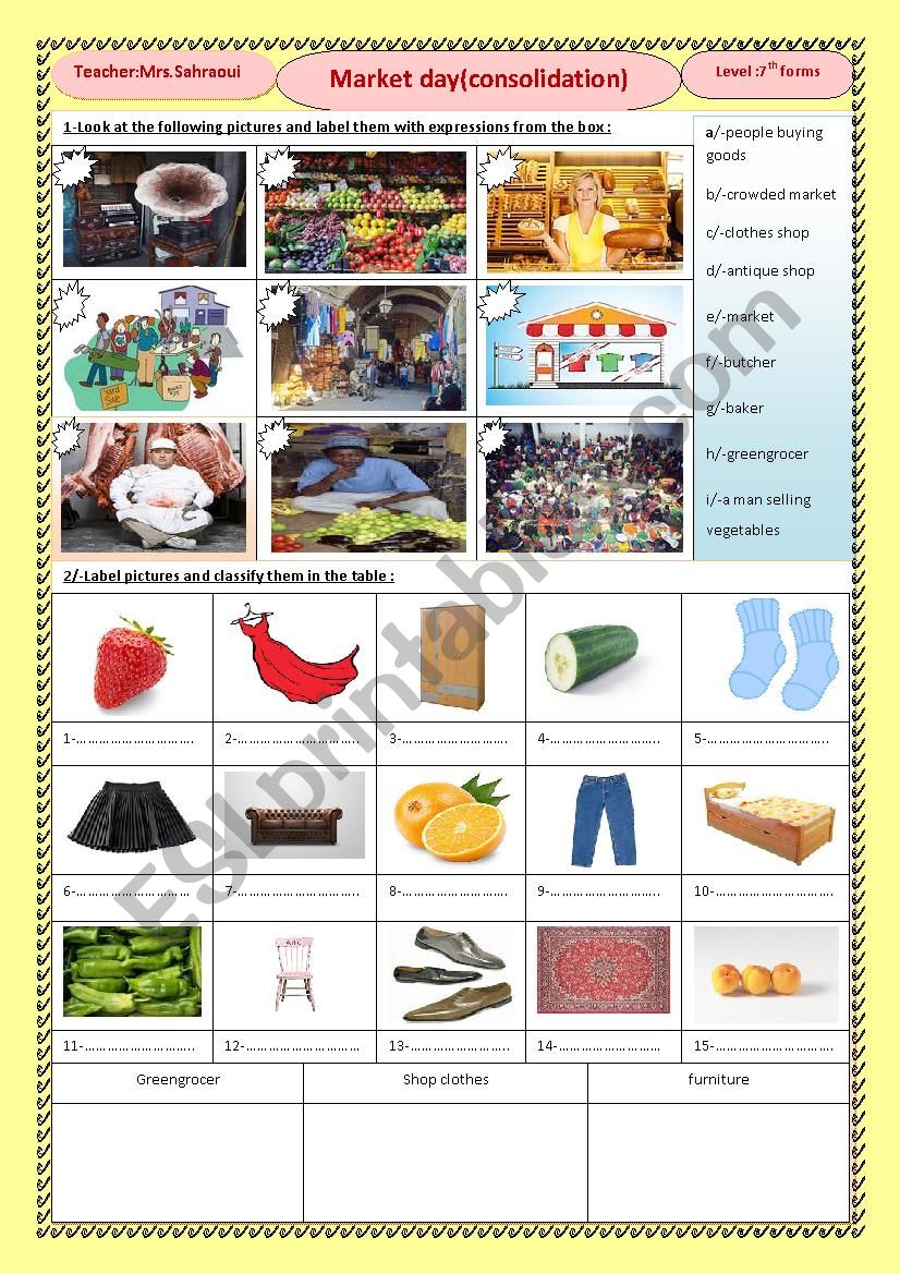 market day (consolidation) worksheet