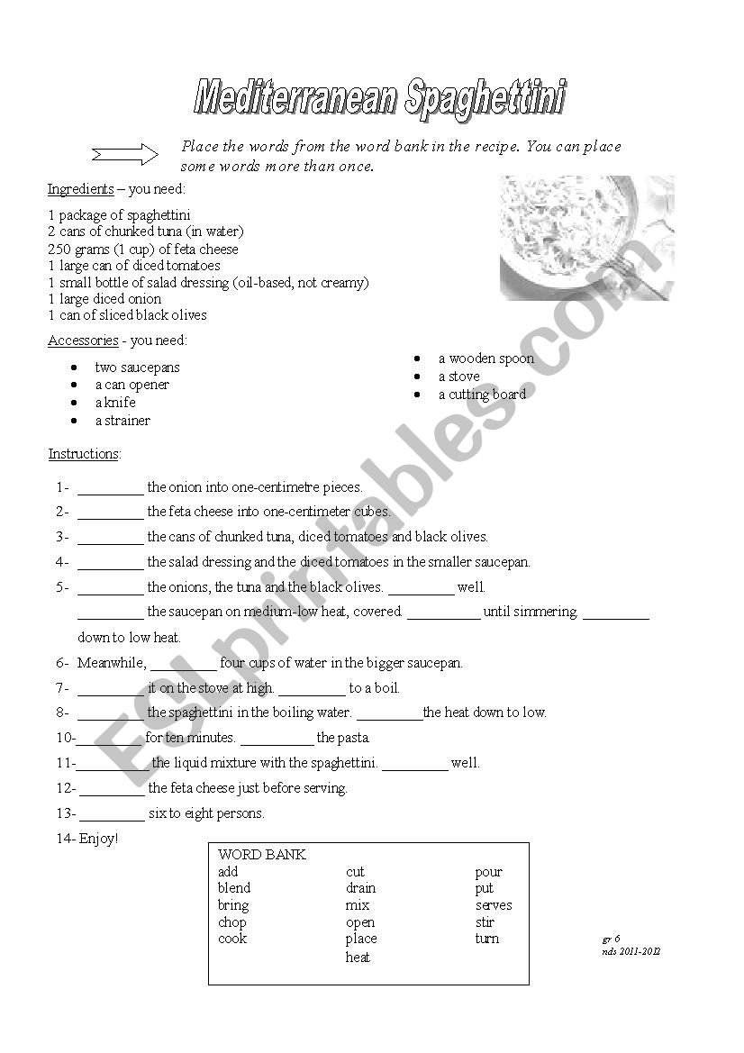 Mediterranean spaghettini worksheet