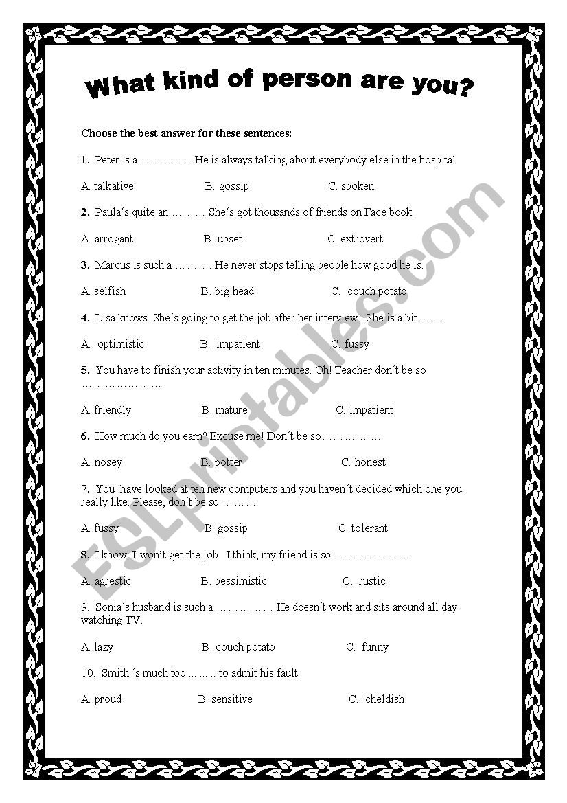 WHAT KIND OF PERSON ARE YOU? DESCRIBING PEOPLE - ESL worksheet by ...