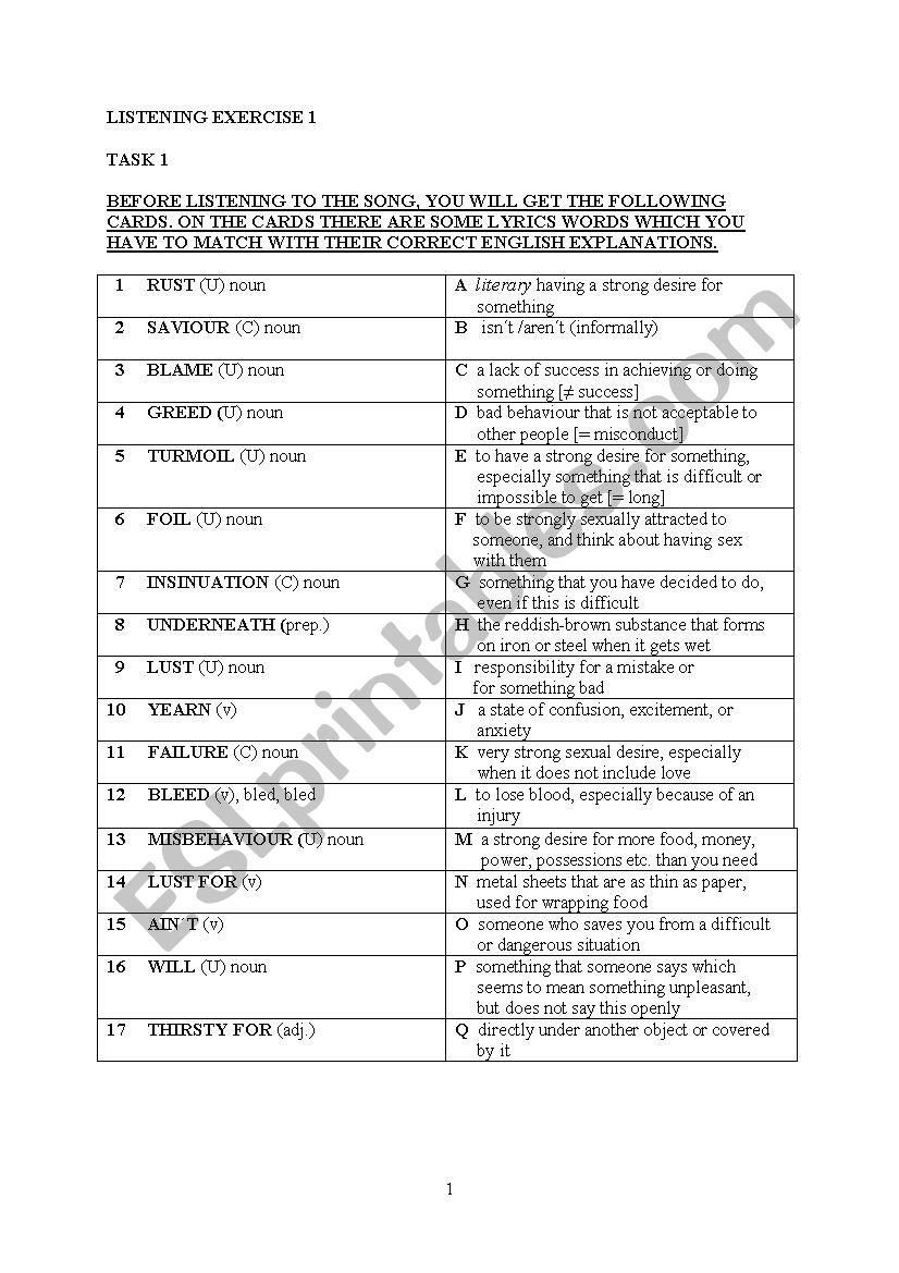 Listening Song 1 worksheet