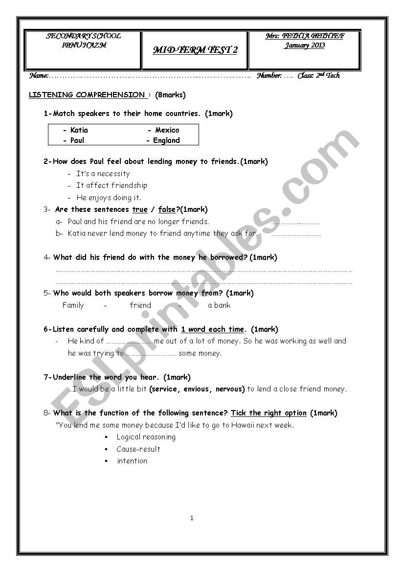 Mid -term test 2 for Second form students