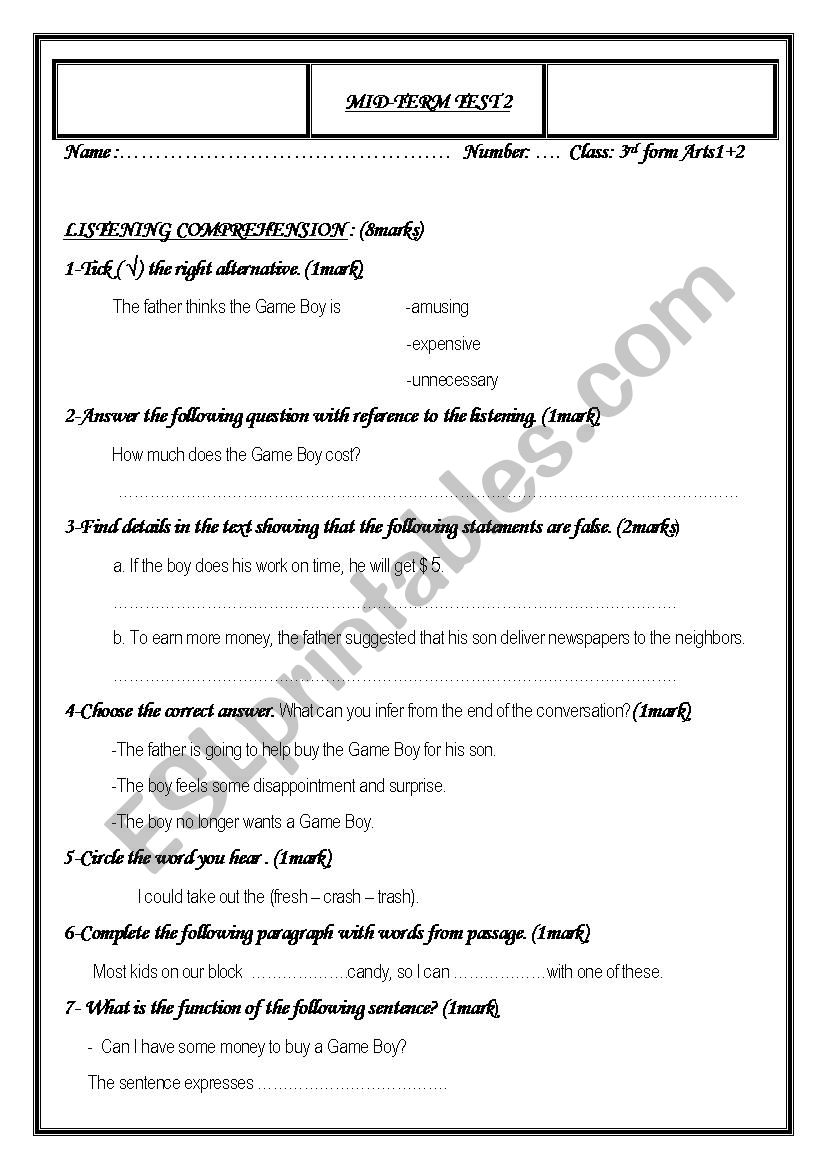 Mid -term test 2 3rd form worksheet