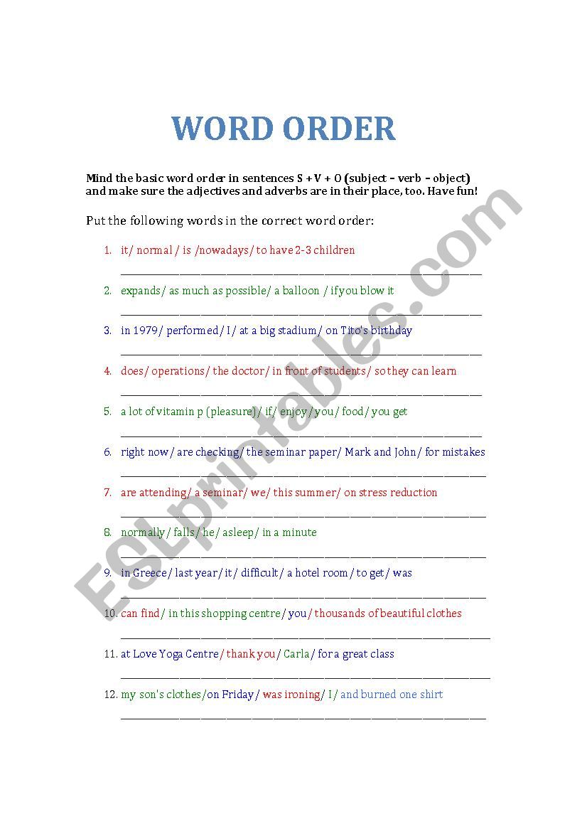 Word order worksheet