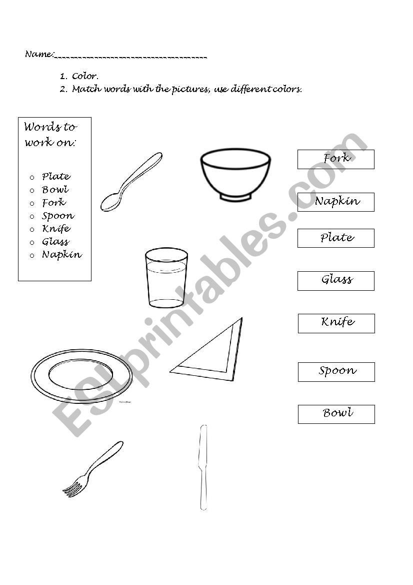 Tableware worksheet worksheet