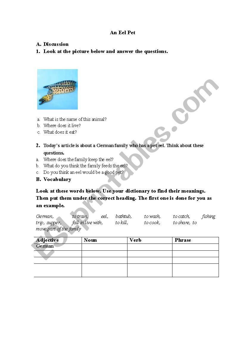 An Eel Pet worksheet