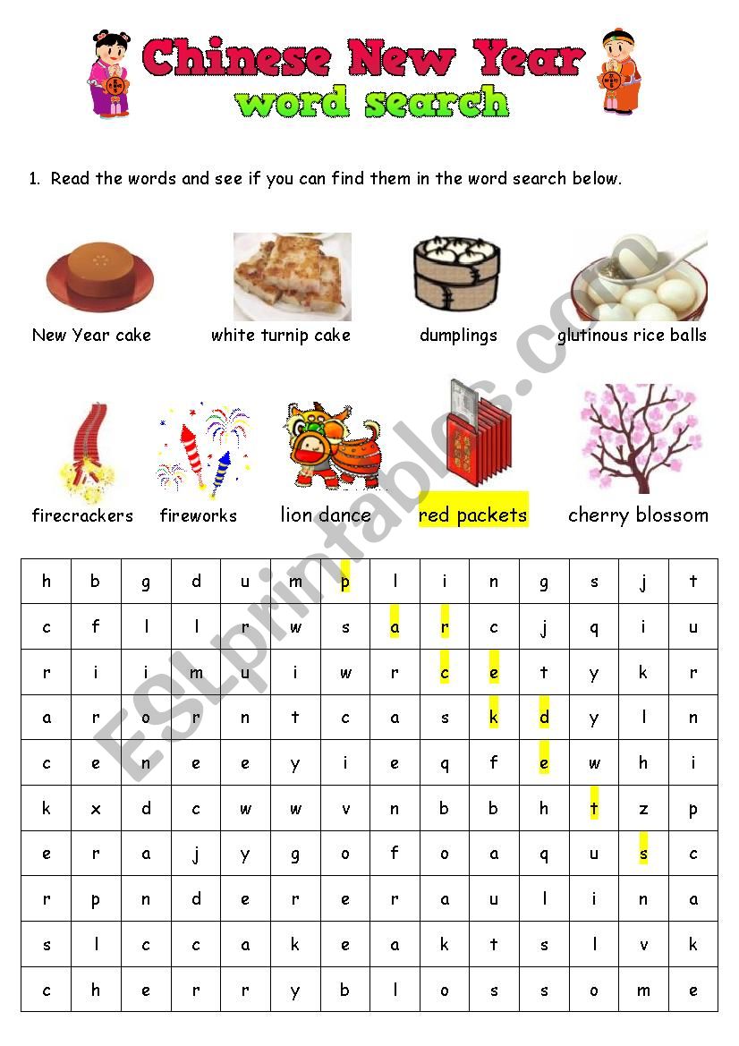 Chinese New Year word search worksheet